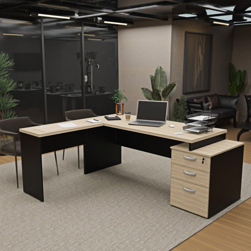 Escrivaninha para Escritório Pedestal em L 3 Gavetas Office Dubai/Preto