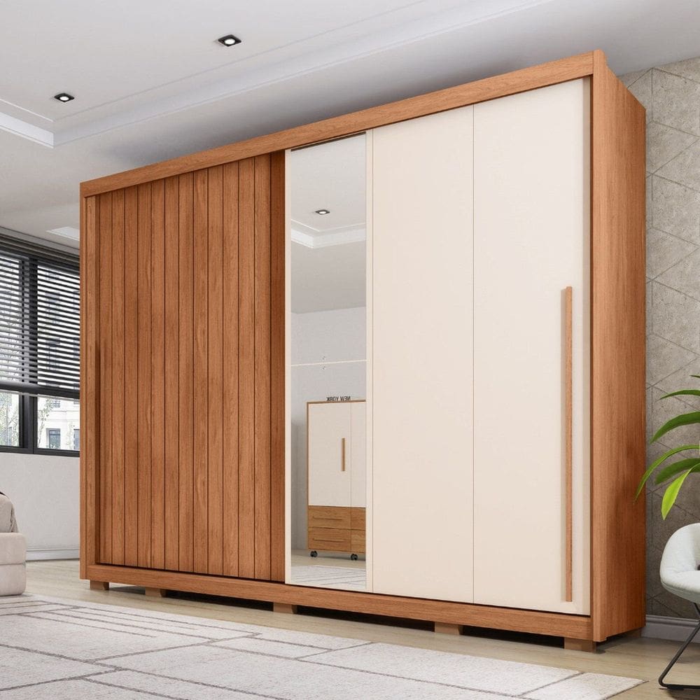 Guarda-roupa com Espelhos Casal 2 Portas de Correr e 6 Gavetas 270cm Moviment Freijó/Off White