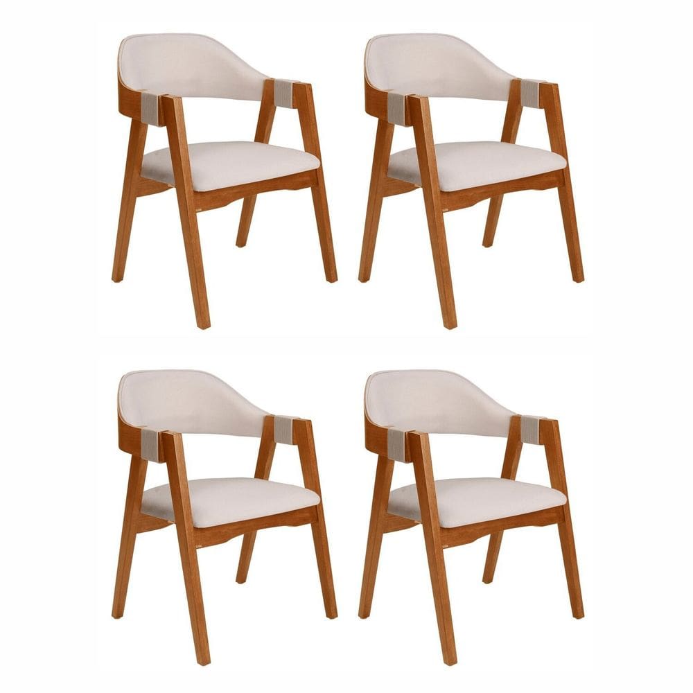 Kit 4 Cadeiras de Madeira Maciça Tauari Estofada e Braço com Corda Náutica Bélgica Espresso Móveis Imbuia/Off White