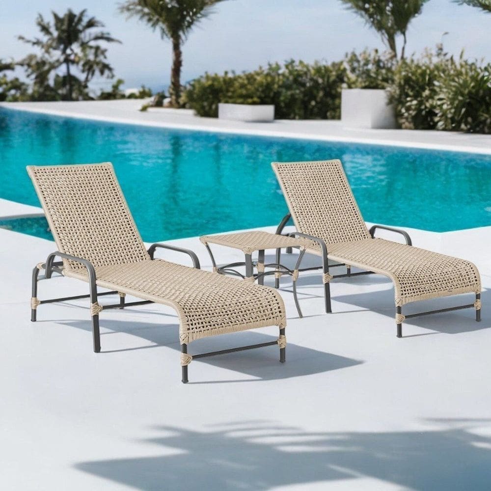 Kit 2 Espreguiçadeiras Corda Náutica e Mesa Garden em Alumínio para Piscina Edícula Catar Bege