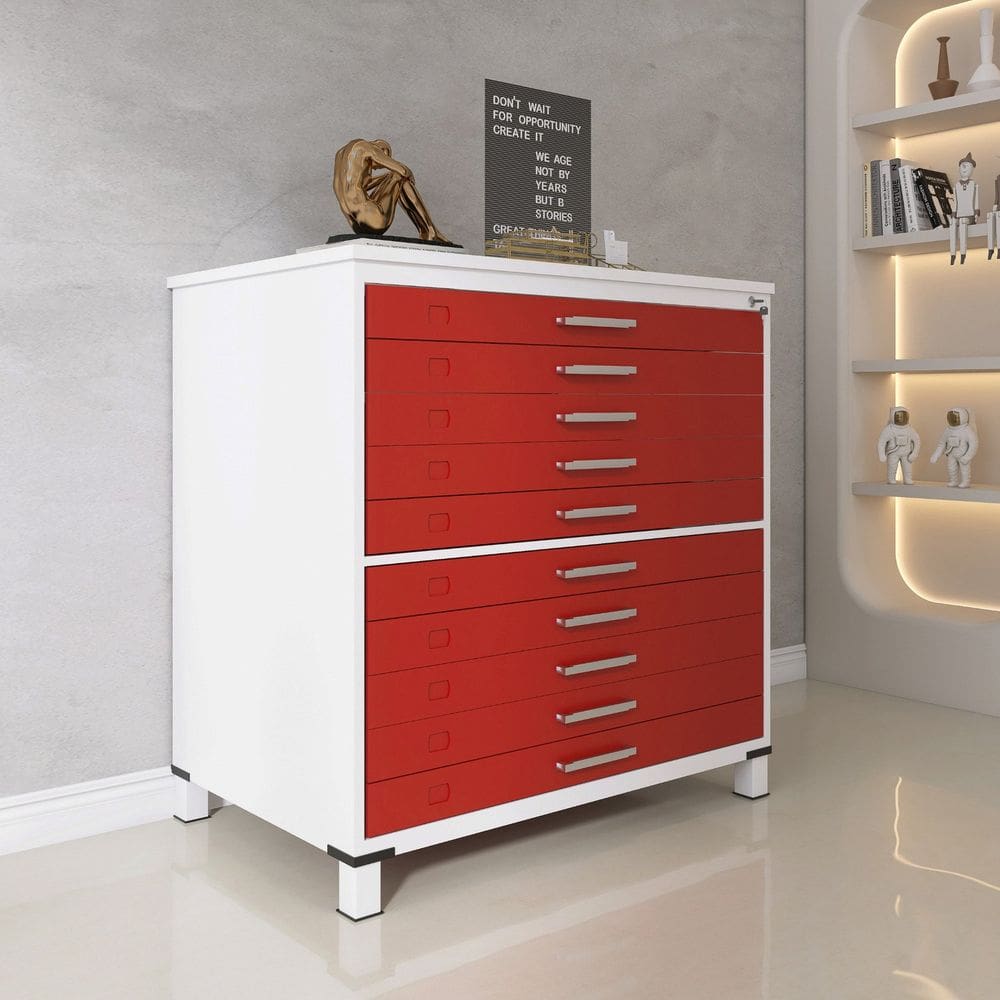 Mapoteca 10 Gavetas 120,4cm X 122,3cm Aço Branco/Vermelho