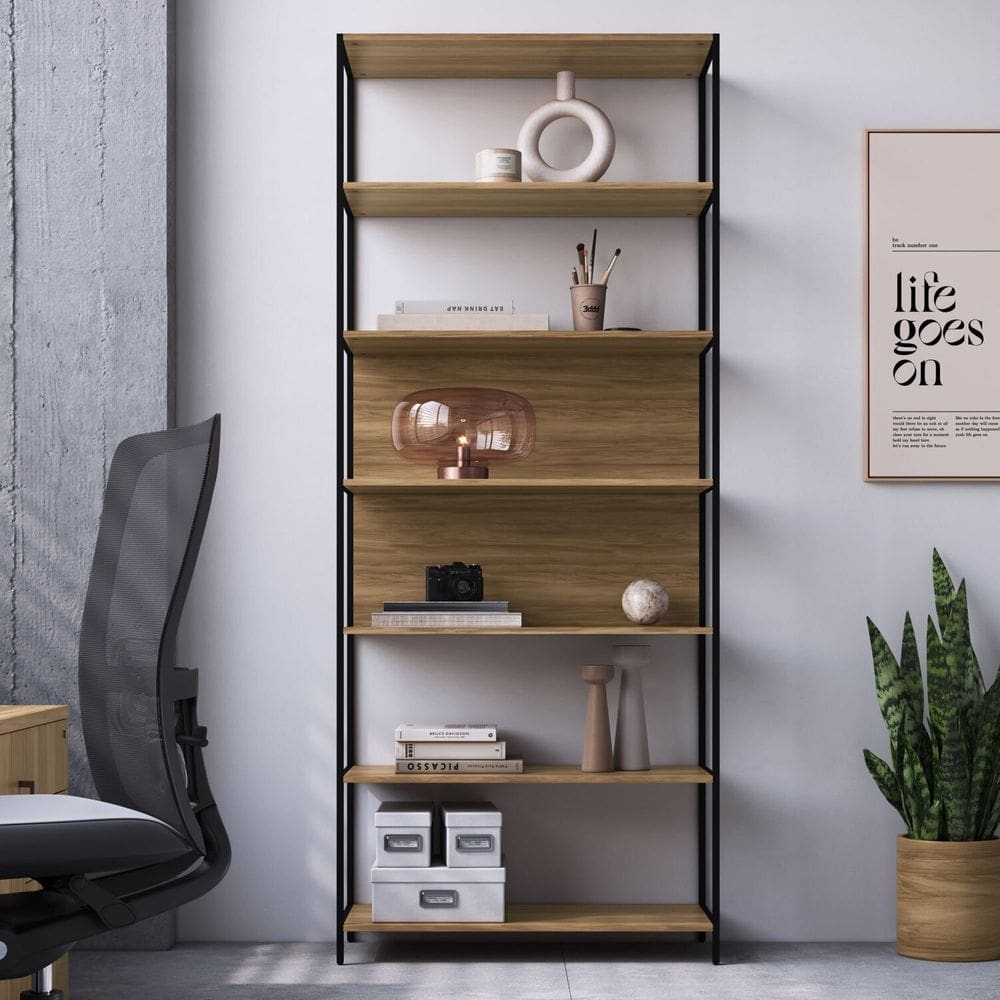 Estante 7 Prateleiras 211,5cm Home Office Concept Nogal Sevilha/Preto