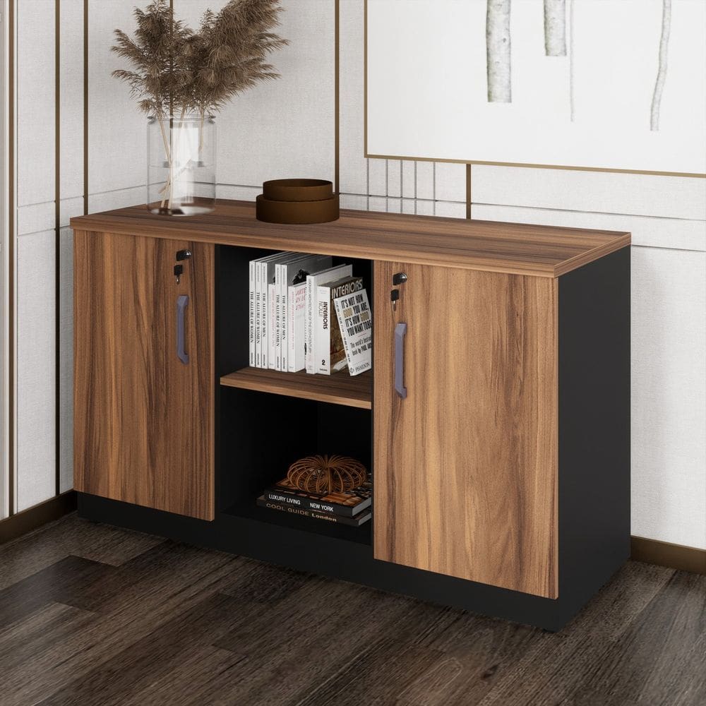 Armário para Escritório 120x72cm Multiuso Baixo com Chave 25mm Credenza Espresso Móveis Nogal/Preto