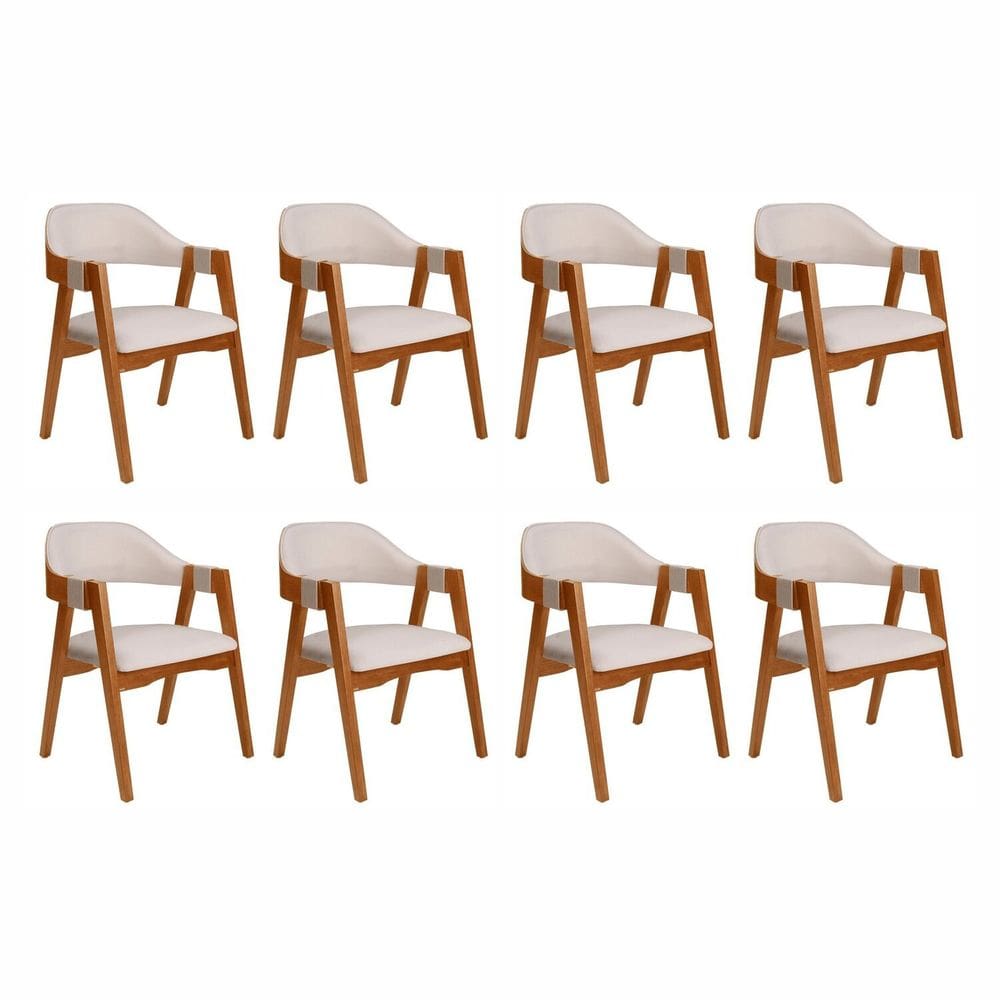 Kit 8 Cadeiras de Madeira Maciça Tauari Estofada e Braço com Corda Náutica Bélgica Espresso Móveis Imbuia/Off White