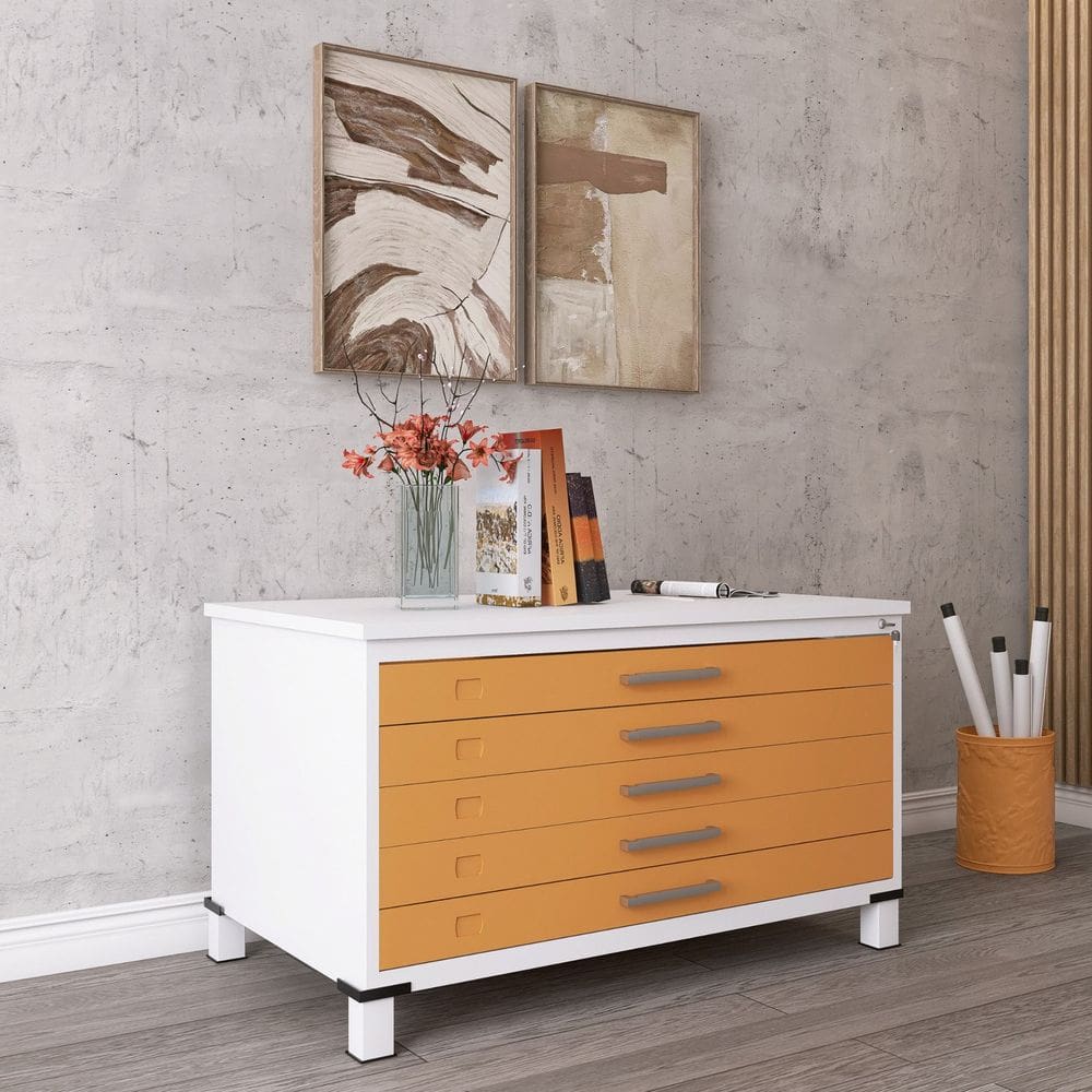 Mapoteca Mont 5 Gavetas 71,3cm X 120,4cm Aço Branco/Laranja Picasso