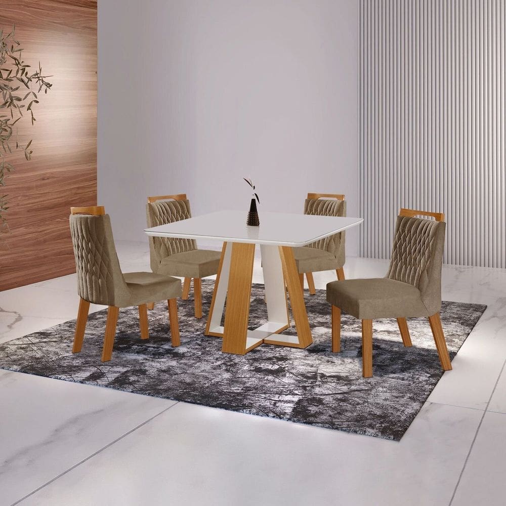 Conjunto Sala de Jantar Mesa Grécia 4 Cadeiras Atena Castanho Cinamomo/Pena Caramelo/Off White