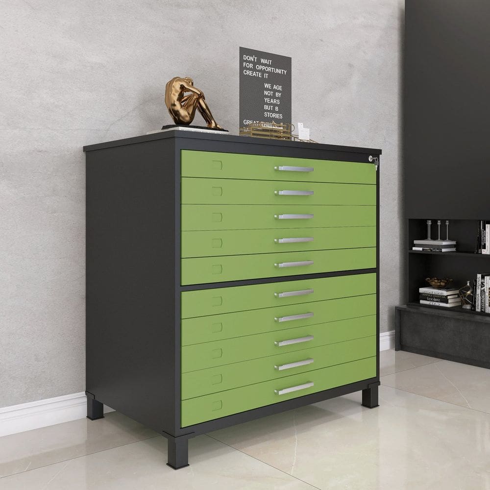 Mapoteca 10 Gavetas 120,4cm X 122,3cm Aço Preto/Verde Miró