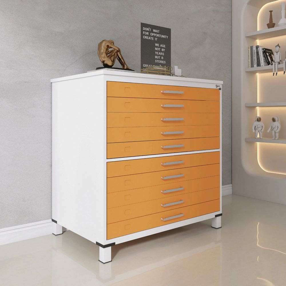 Mapoteca 10 Gavetas 120,4cm X 122,3cm Aço Branco/Laranja Picasso