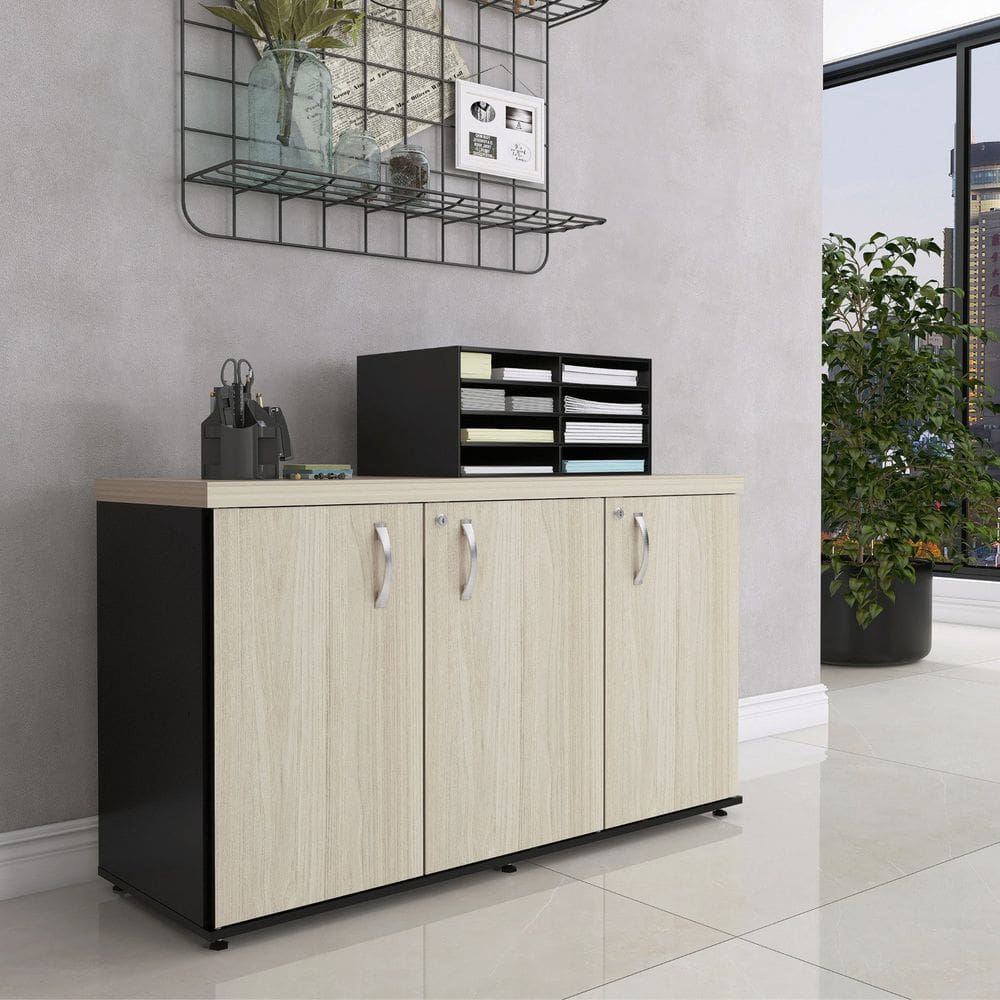 Armário 3 Portas Pivotante Credenza Castanheira/Preto