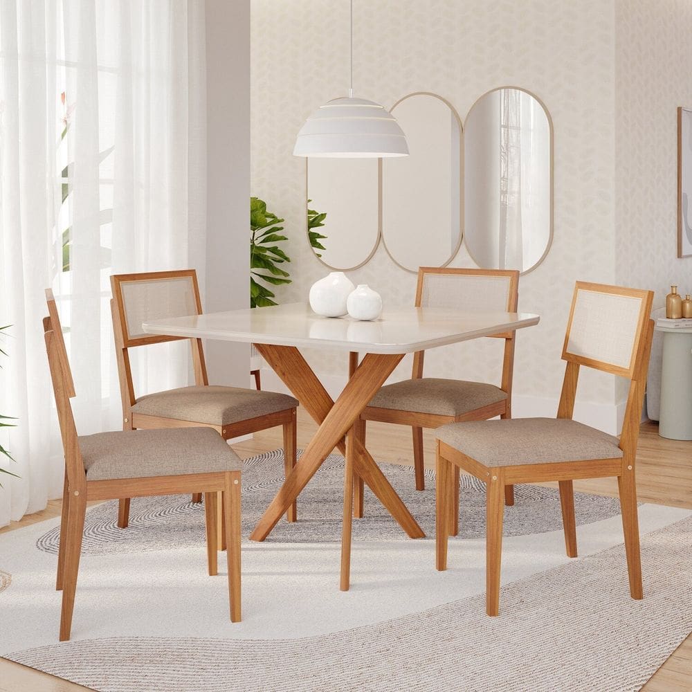 Sala de Jantar Mesa Cacau 95x77cm com Vidro e 4 Cadeiras Encanto Off White / Bege / Cinamomo