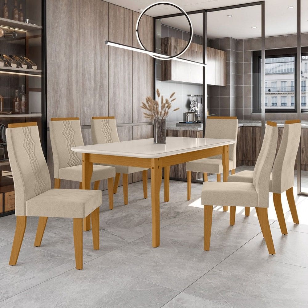 Mesa de Jantar 6 Lugares Luna com Vidro Natural/Off White/Bege - Art Panta