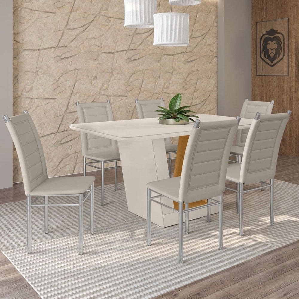 Mesa de Jantar 6 Lugares Viena Tokio com Vidro Cromado/Off White/Natural - Art Panta