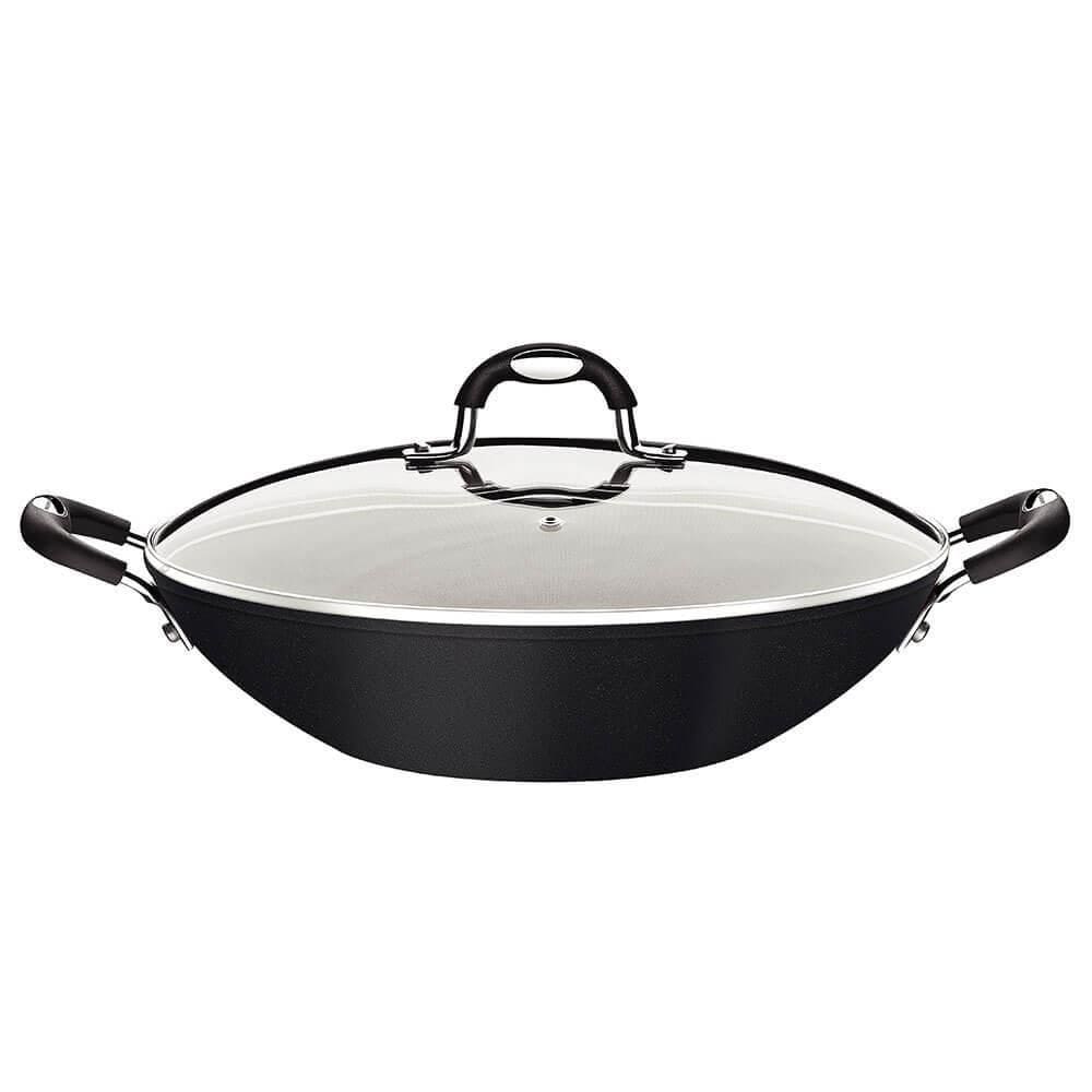 Wok Tramontina Mônaco Induction 32cm 4,5L Alumínio Rev. em Antiad. Preto c/ Tampa de Vidro 28708032