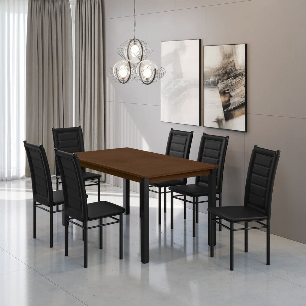 Mesa 160x78cm Tampo Mdf com 6 Cadeiras Monaco Preto / Freijó