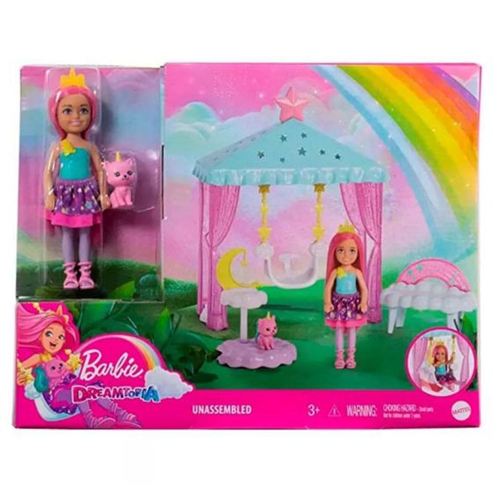 Boneca Barbie Dreamtopia Chelsea Unicórnio com Pet e Balanço - Mattel HLC27
