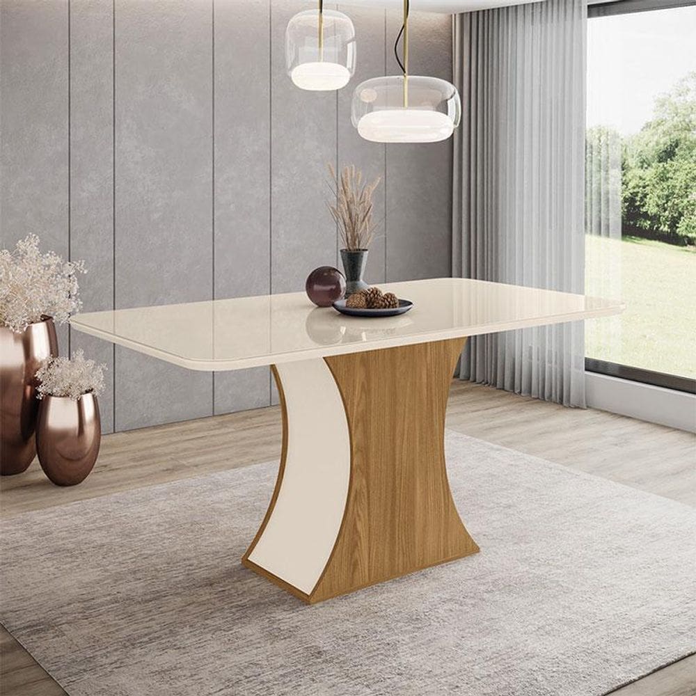 Mesa de Jantar Luiza 160 cm Ambiente Canto Arredondado com Vidro Nature Off White - Henn