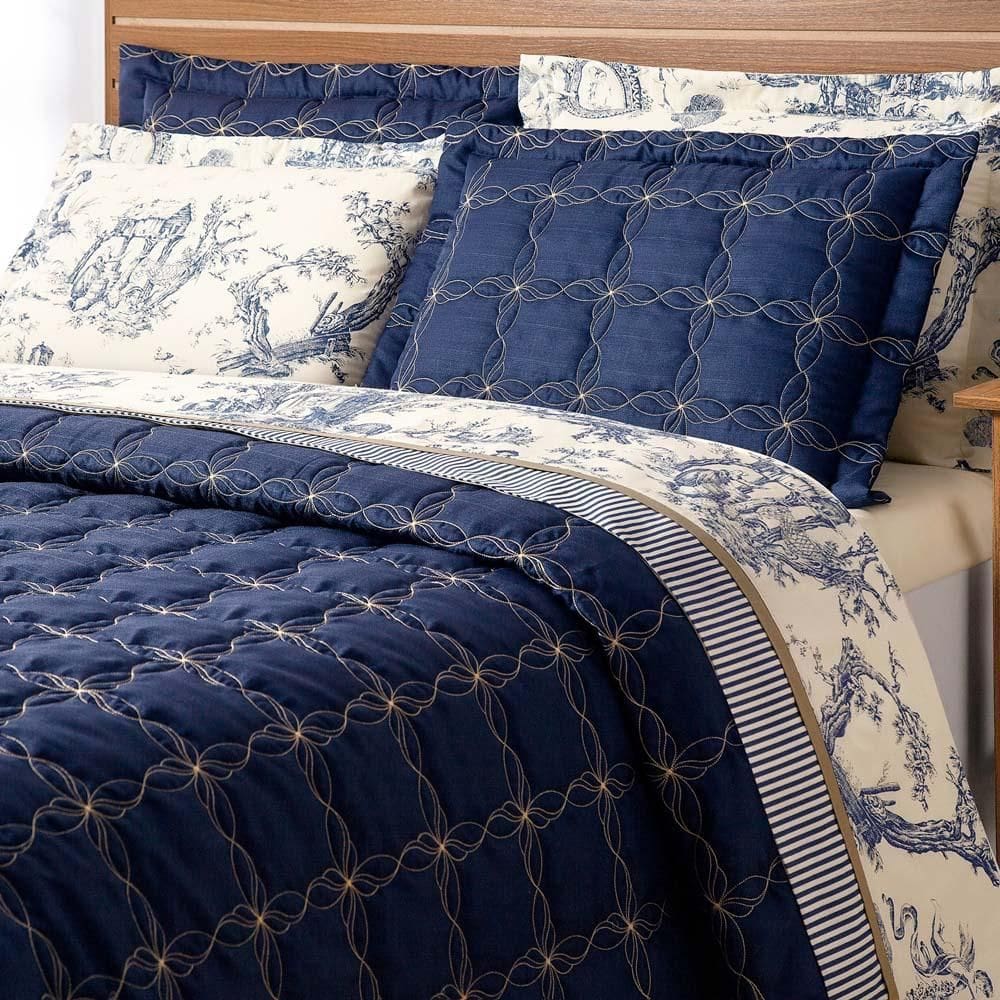 Kit Cobre Leito Martin Queen Bordada 3Pçs Azul Marinho