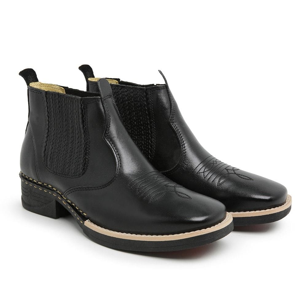Bota Botina em Couro Masculino Country Elástico Calce Fácil Detalhe Costura Confortável