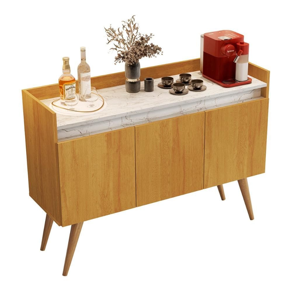 Aparador Buffet Gold Marmorizado 3 Portas Pés Madeira Maciça