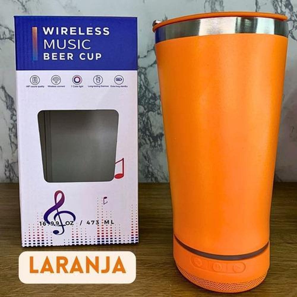 Copo Térmico Caixa De Som Bluetooth 473Ml Aço Inox - Laranja