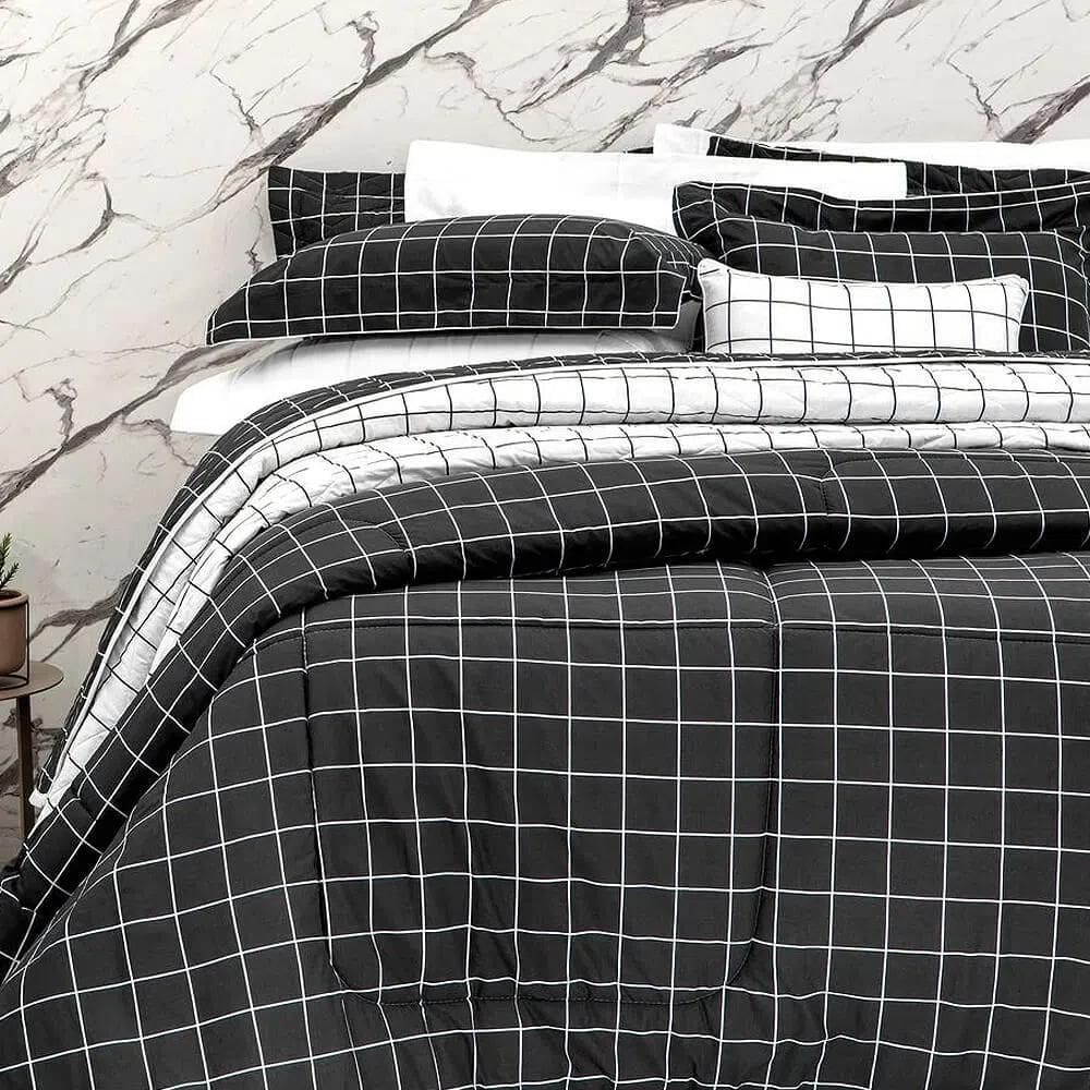 Kit Colcha Queen 200 Fios Vintage - Kacyumara Quadros Black