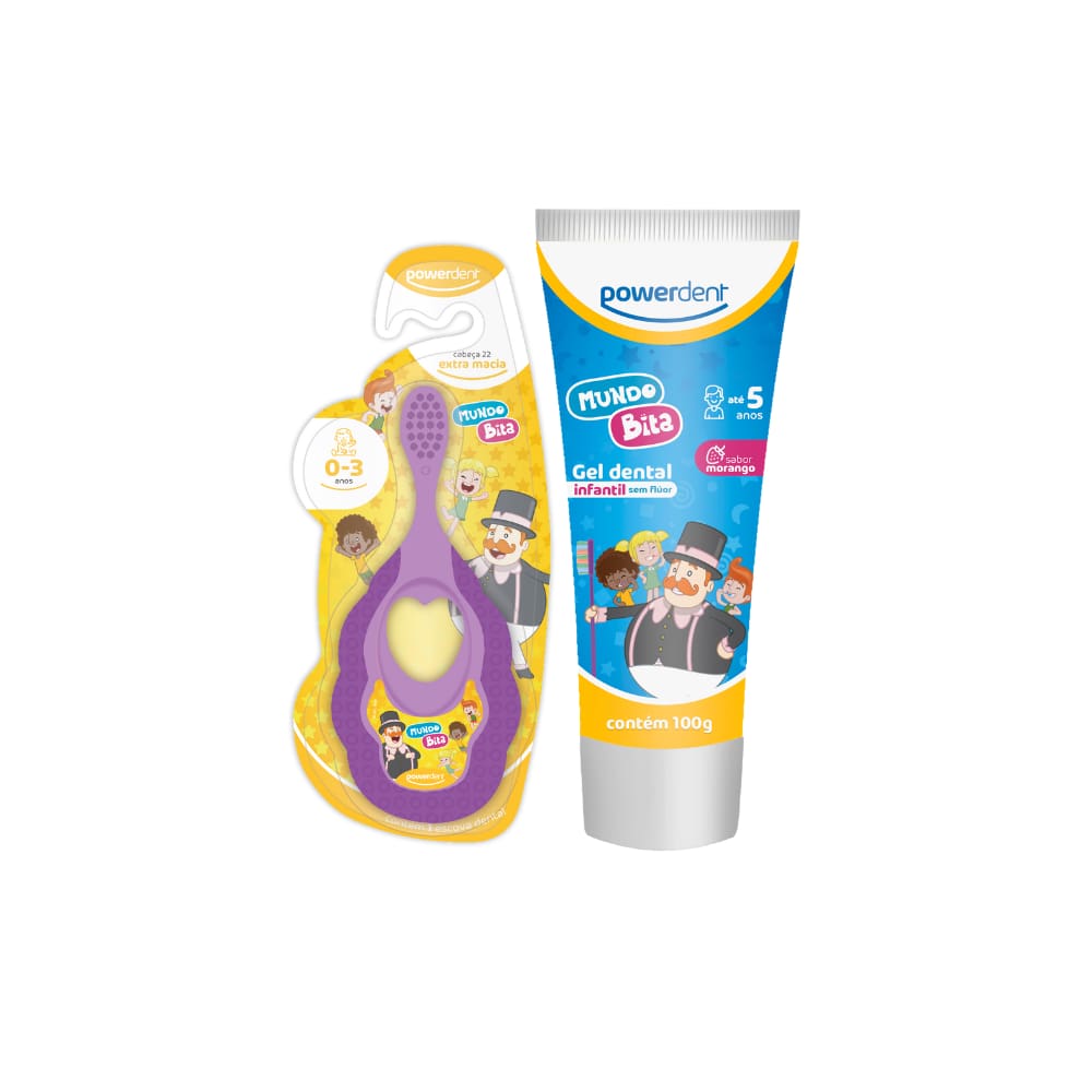 Kit Escova Mordedor + Gel sem Flúor Powerdent Mundo Bita