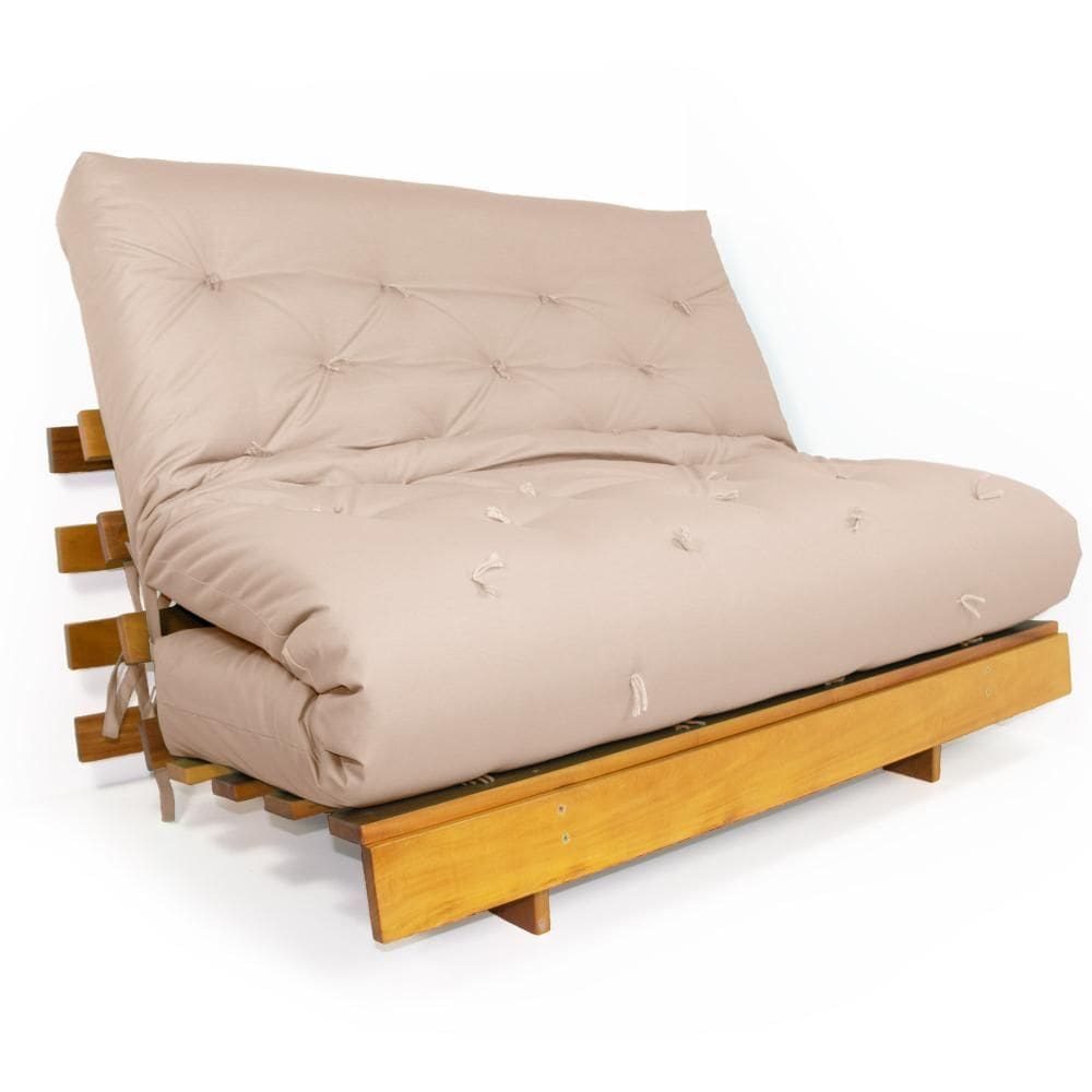 Sofá Cama Casal Futon Tokio Bege Sarja Impermeável Madeira Maciça Grapia Cor Natural