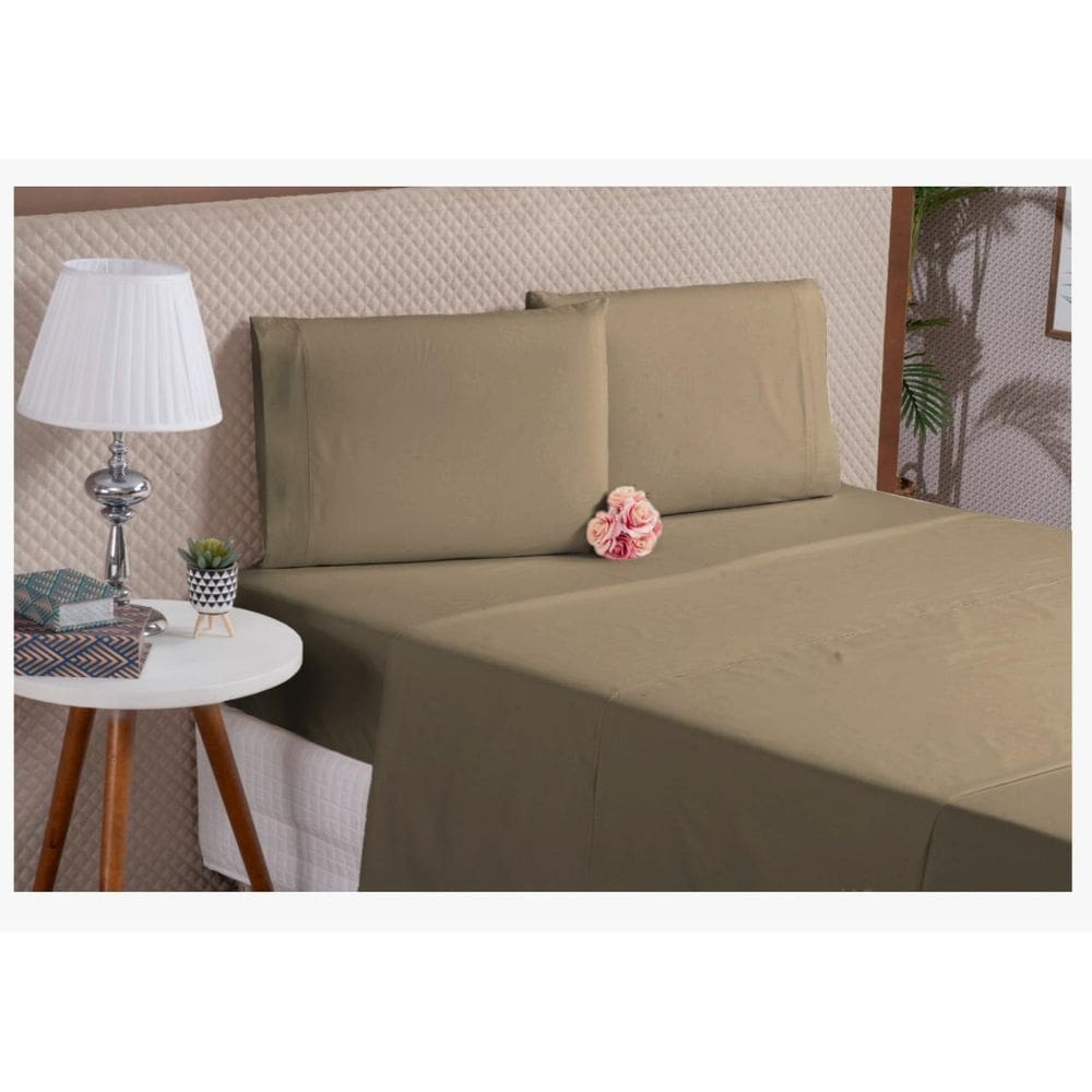Jogo 4 Lençol Macio E Fronha Algodão King 4 Peças Cáqui