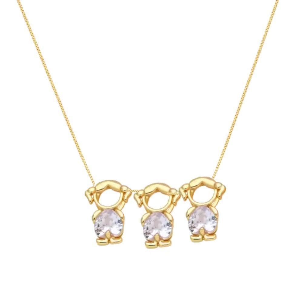 Colar Filhas Tres Meninas Em Cristal Banhado Em Ouro 18k