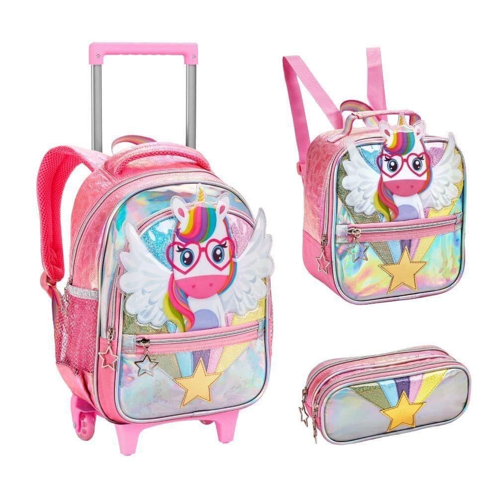 Kit Mochila De Rodinhas + Lancheira + Estojo Duplo Unicórnio Rosa Denlex