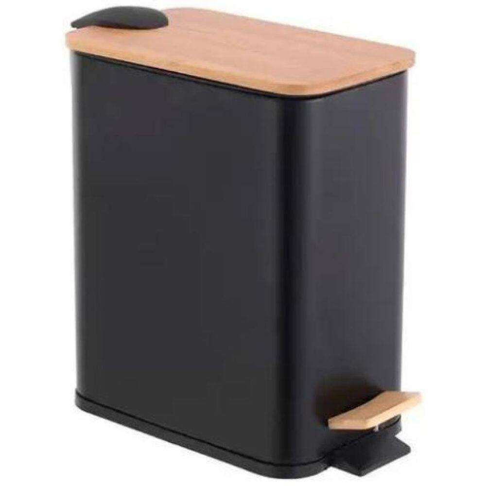 Lixeira Metal E Bambu Banheiro Cozinha Quadrada Preta 5L