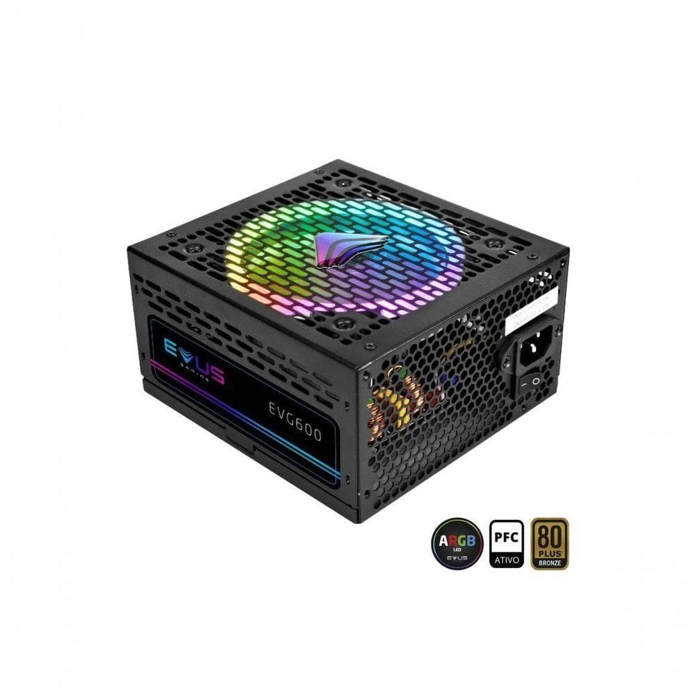 Fonte Gamer Evus Evg600 Argb 600w Selo 80 Plus Bronze