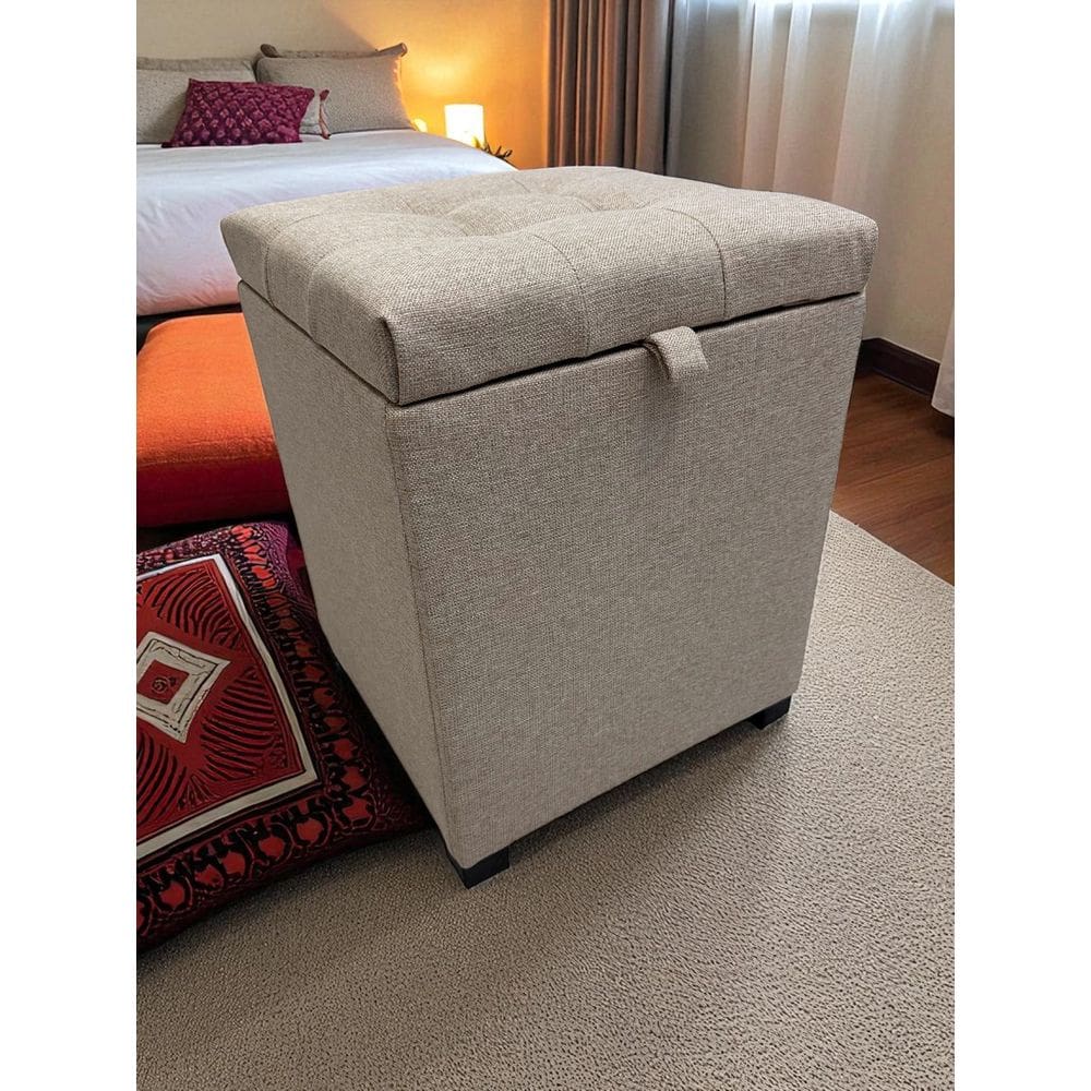 Puff Baú Toquio Estofado Em Linho - Bege