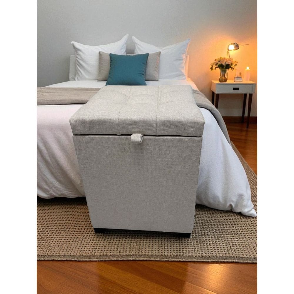 Puff Baú Toquio Estofado Em Linho - Creme