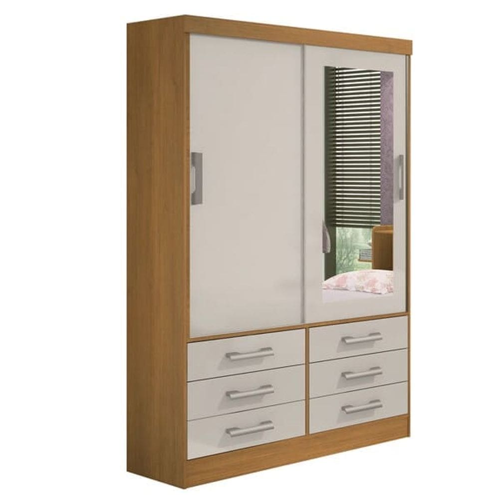 Guarda Roupa Solteiro com Espelho 2 Portas 6 Gavetas - Meridian -Cinamomo/Off White - Móveis D`Doro
