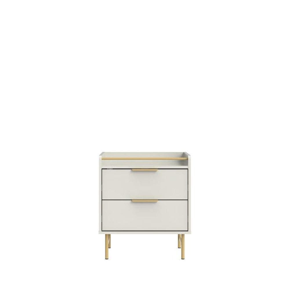 Mesa de Cabeceira 2 Gavetas com LED Yves 53 cm - Off White Fosco c/ Dourado
