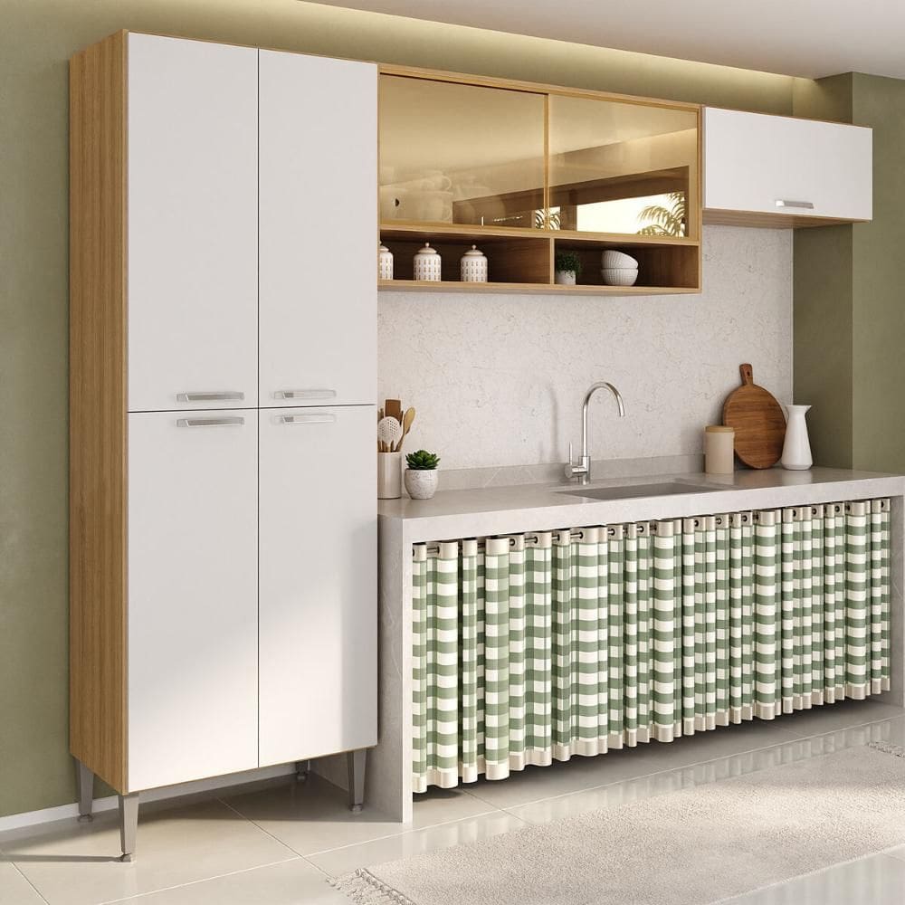 Armário Cozinha Modulada Compacta com Vidros 270cm 3 Peças Paris Multimóveis MP2297