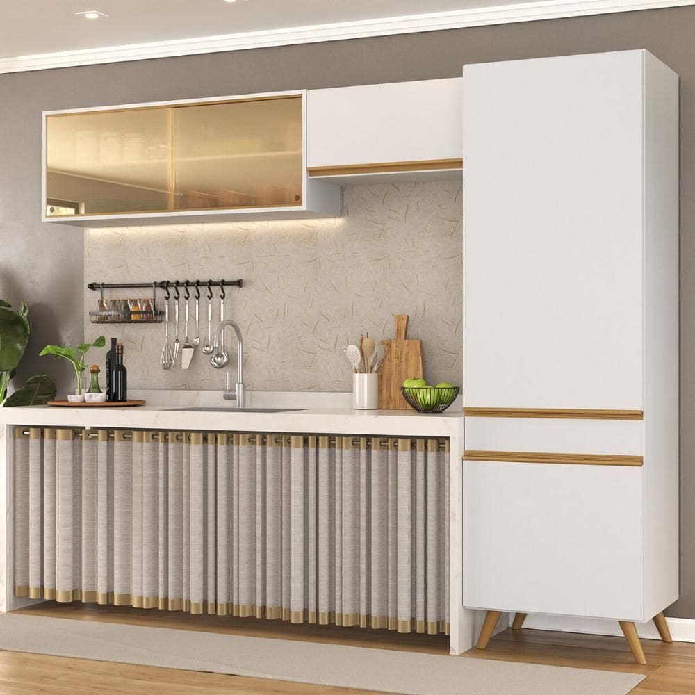 Armário Cozinha Modulada Compacta com Vidros 252cm 3 Peças Veneza Multimóveis MP2300