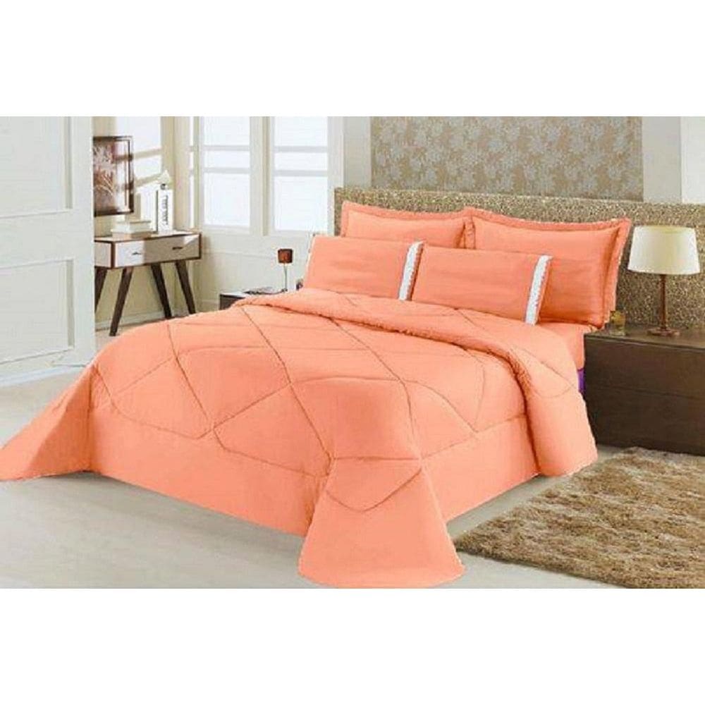 Kit Edredom Requinte Percal + Lençol Queen 6 Peças Salmão