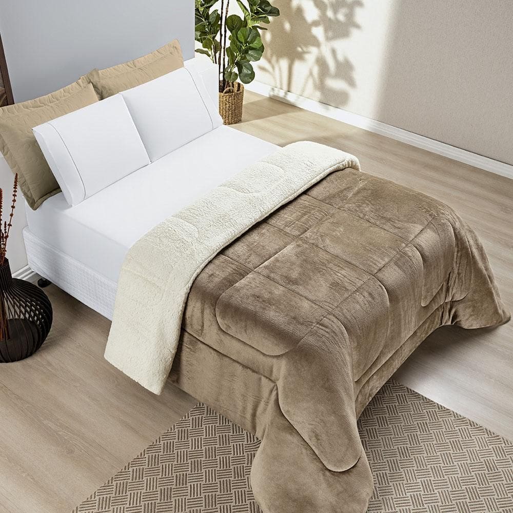 Edredom Coberdrom Queen Sherpa Toque Lã Carneiro Cáqui