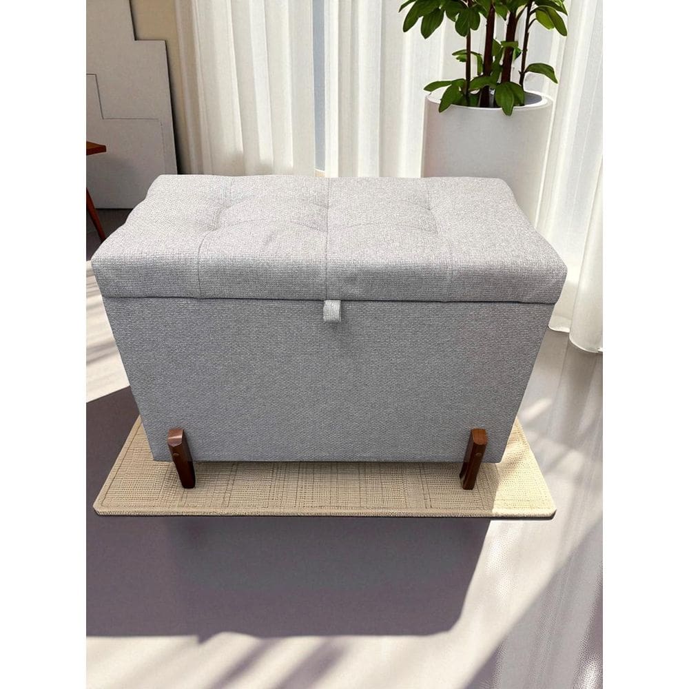 Puff Baú Paris Estofado 68 Cm Linho Nobre Pés/ Madeira Cinza