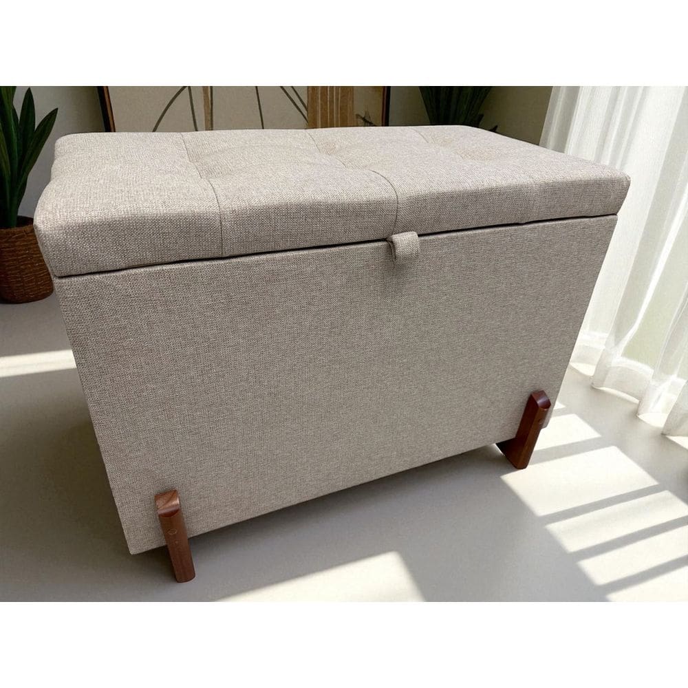 Puff Baú Paris Estofado 68 Cm Linho Nobre Pés/ Madeira Bege