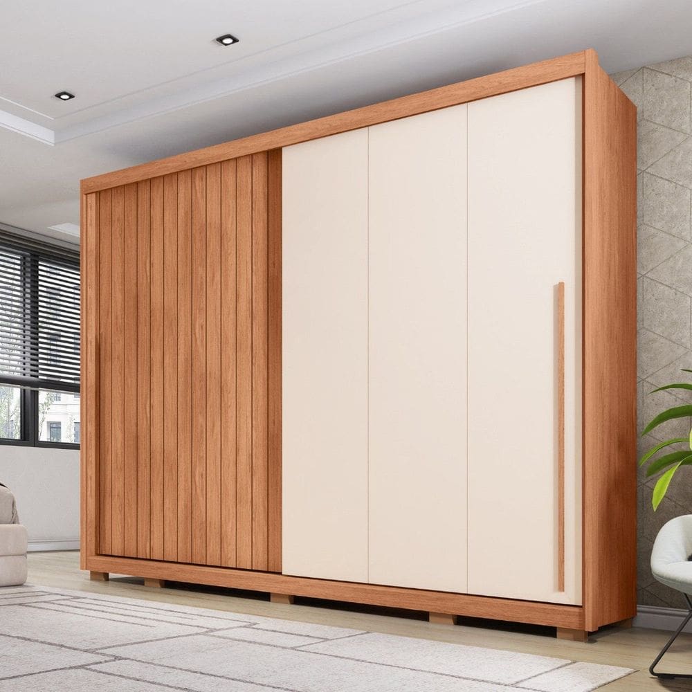 Guarda-roupa Casal 2 Portas de Correr e 6 Gavetas 270cm Moviment Freijó/Off White
