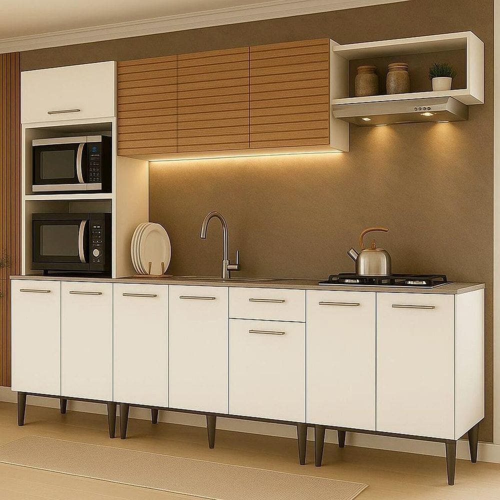 Cozinha Compacta 5 Peças Armário Ripado com Led e Torre Quente Veneza Branco