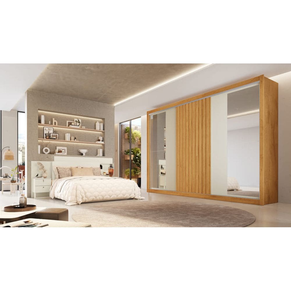 Guarda Roupa Casal Com Espelho 3 Portas 6 Gavetas - Vitoria-Peroba/Off White - Móveis Europa