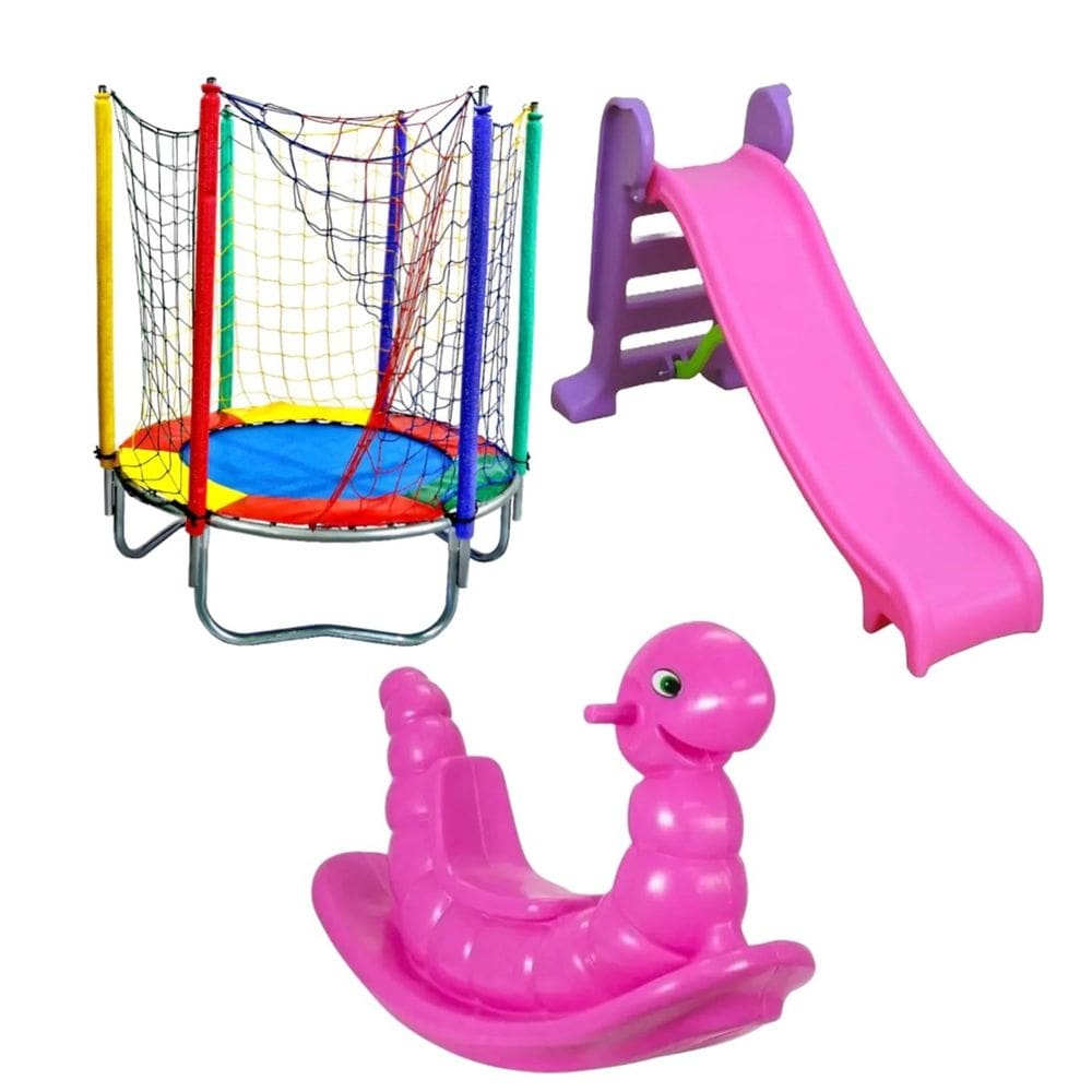 Kit Infantil Com Cama Elástica 1,40m Escorregador Médio Gangorra Minhoca - Playtime