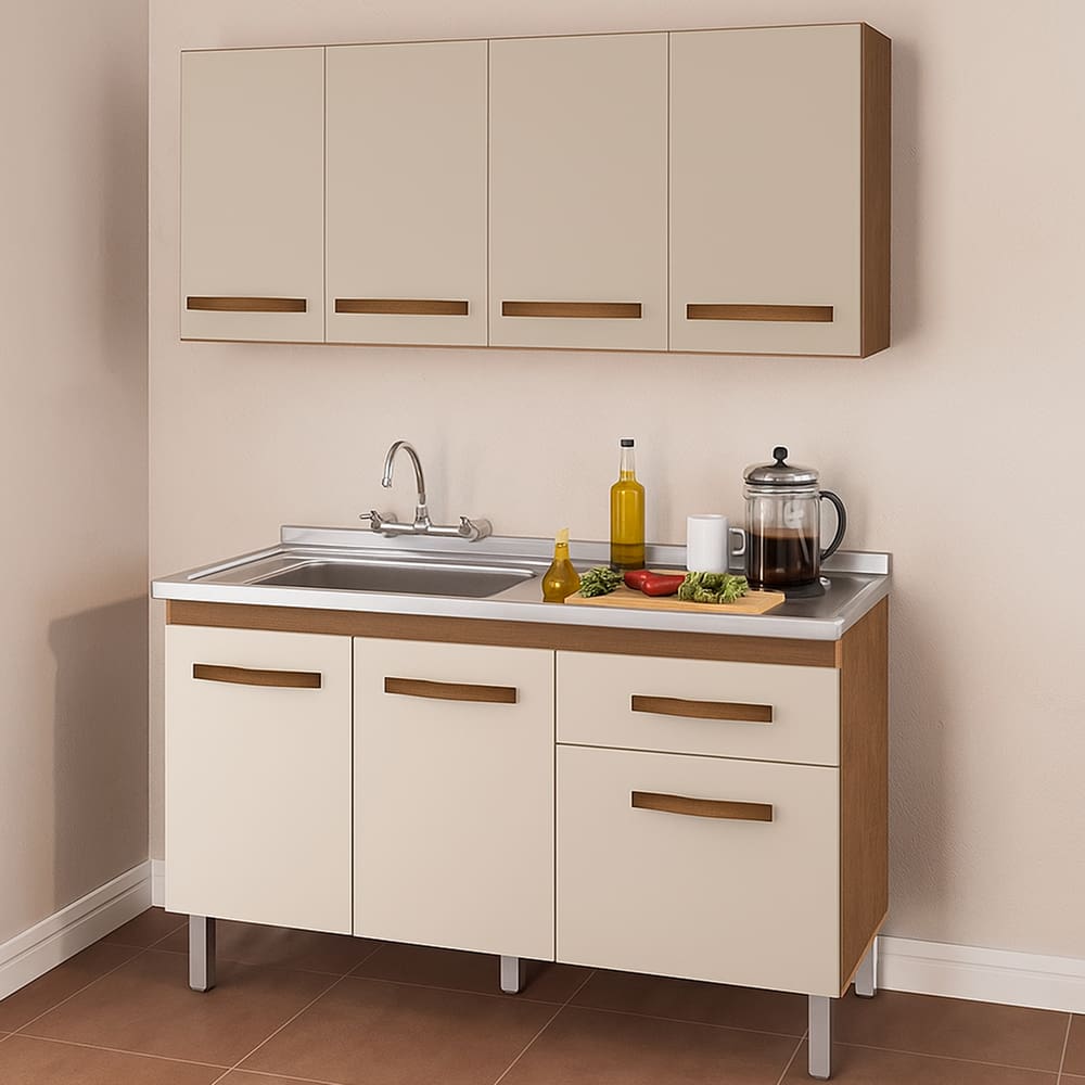 Balcão para Pia com Armário Aéreo para Cozinha Anita 120cm Savana Off White Moblis