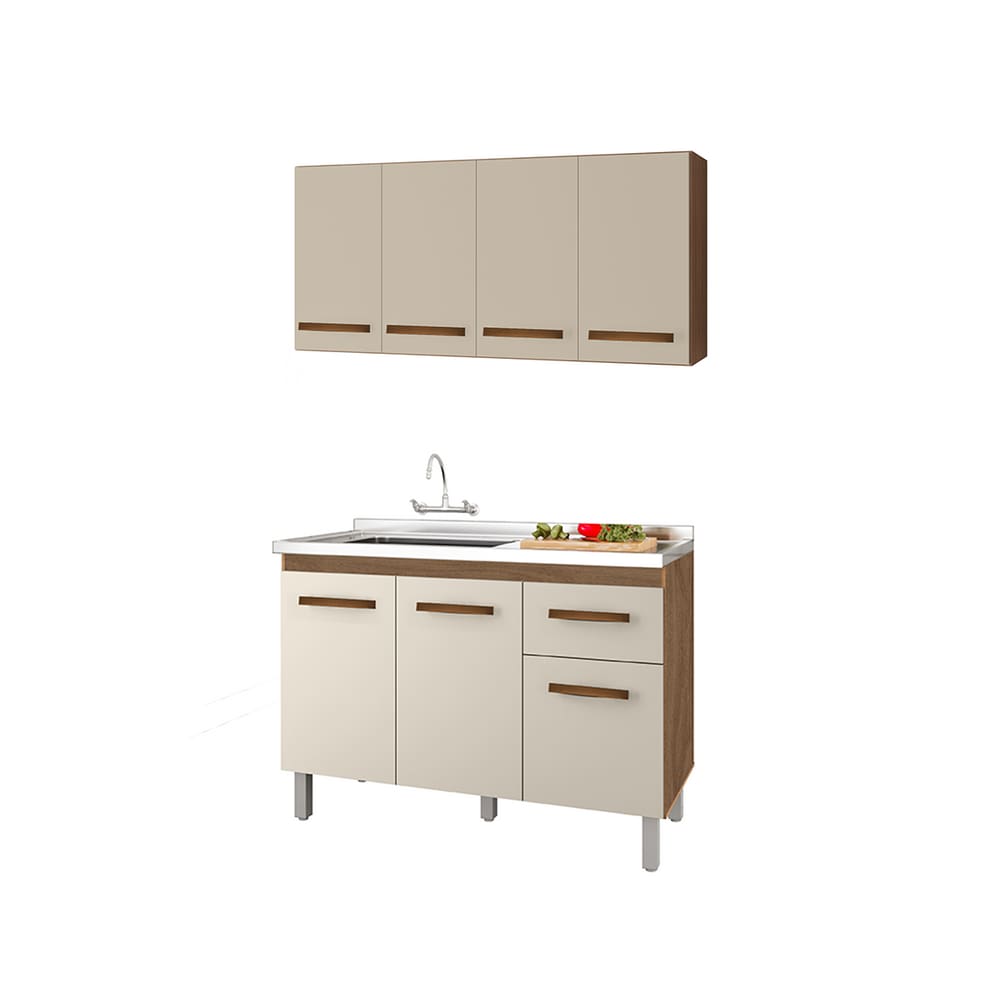 Kit Balcão Pia para Cozinha com Armário Aéreo 120cm Savana Off White Moblis