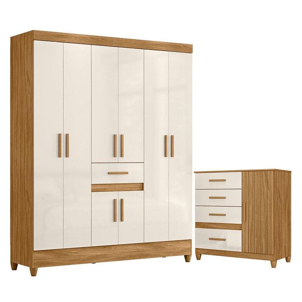 Guarda Roupa Casal Portugal e Cômoda Vênus com pés Freijó Off White - Moval