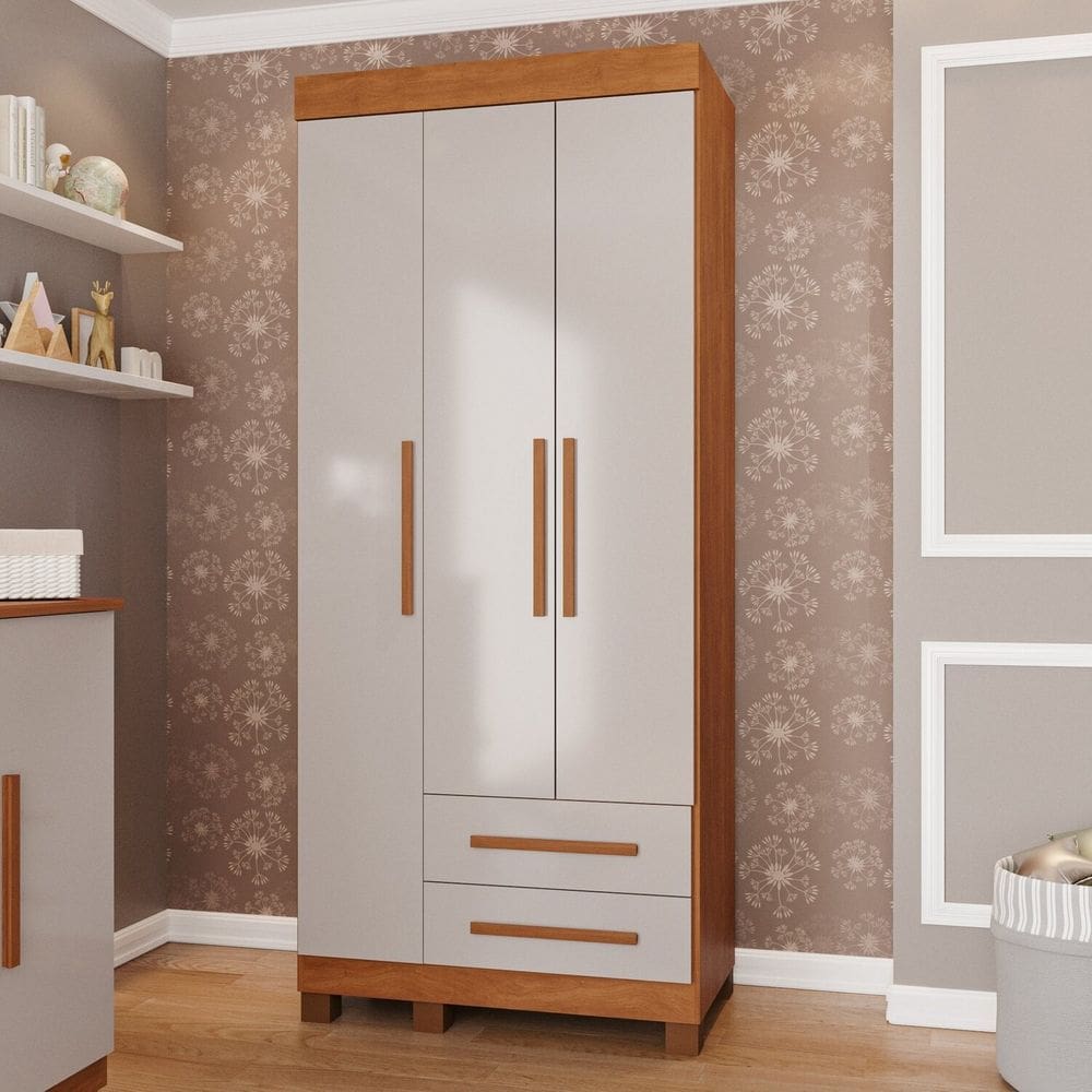 Guarda-roupa Infantil 3 Portas 2 Gavetas Aurora Espresso Móveis Cinamomo / Off White